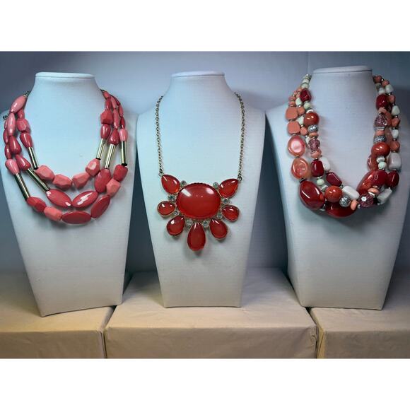 3 fire red orange pink statement bib flower floral bling enamel necklaces bundle - Picture 1 of 11